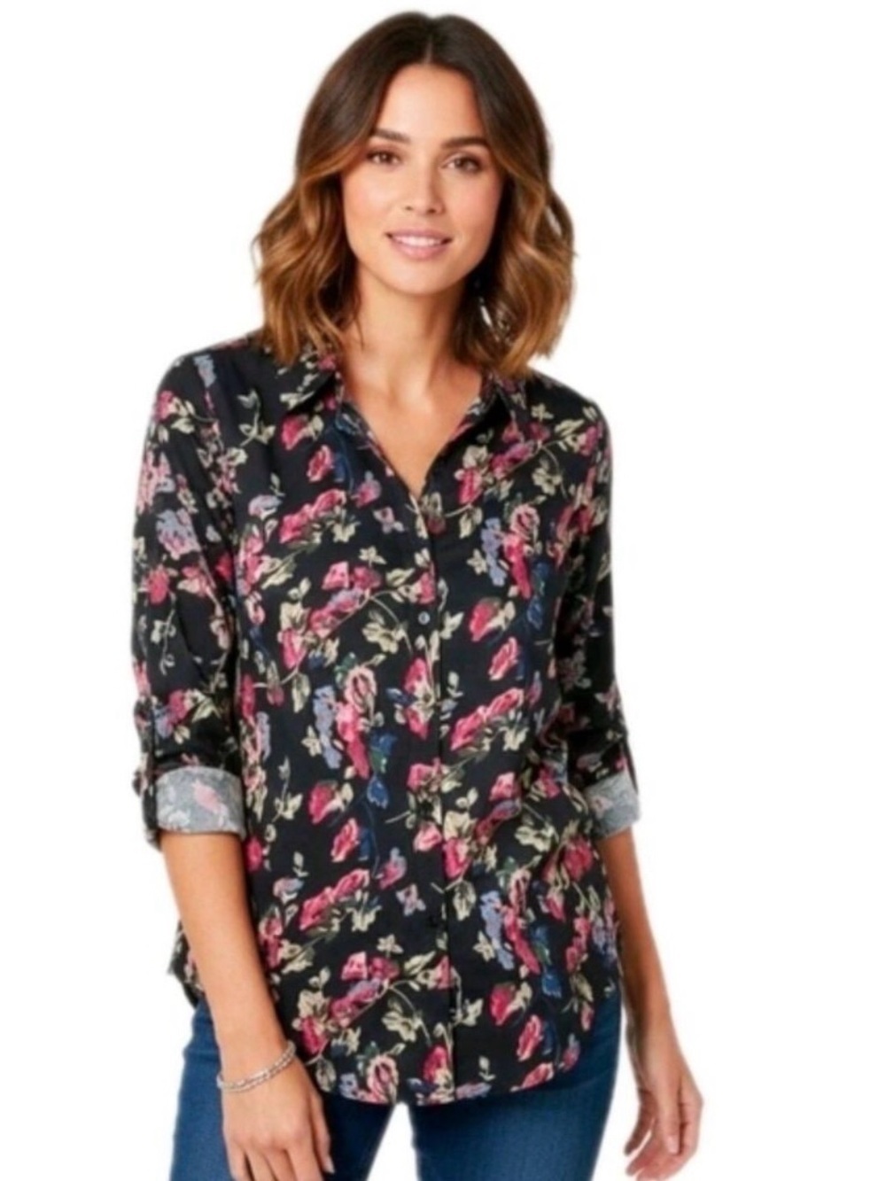 Chaps Dark Floral Button Up Blouse Y2K Grunge Stretch Modal No Iron Top L C72